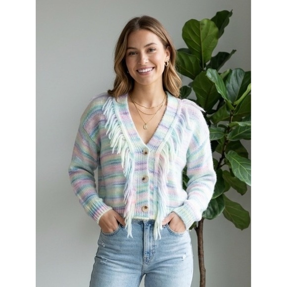 Vernacular Sweaters - NWT Vernacular Pastel Rainbow Fringe Knit Button Front‎ Cardigan S/M Soft Girl